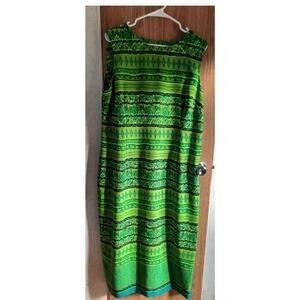 Vintage R K Originals Green Tribal Print Midi Dress Sleeveless Boho Retro